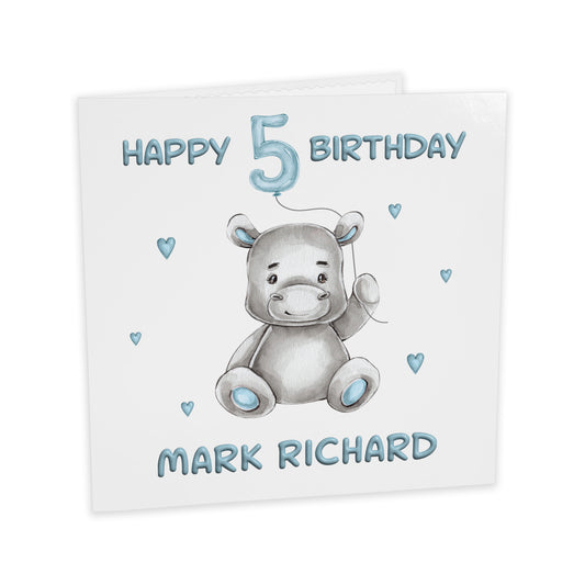Personalised Birthday Card Balloon Animals (Hippo)  - Blue