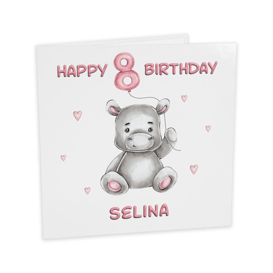 Personalised Birthday Card Balloon Animals (Hippo)  - Pink