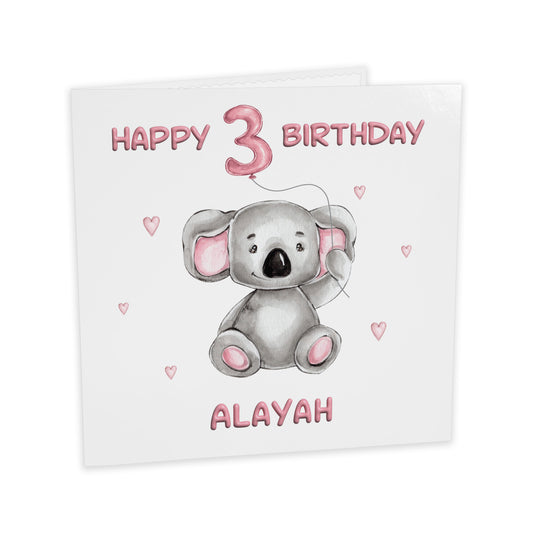 Personalised Birthday Card Balloon Animals (Koala)  - Pink