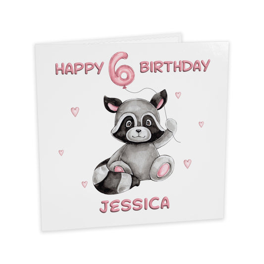 Personalised Birthday Card Balloon Animals (Raccoon) - Pink