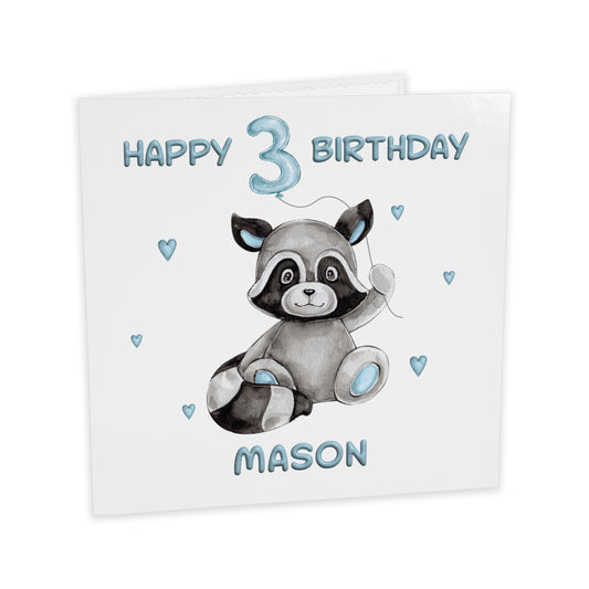 Personalised Birthday Card Balloon Animals (Raccoon)  - Blue