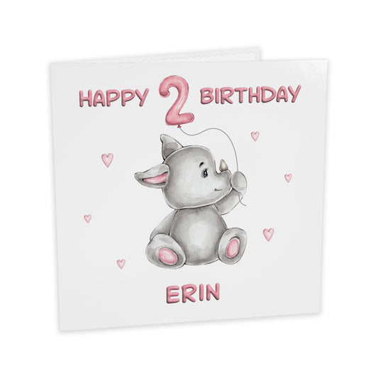 Personalised Birthday Card Balloon Animals (Rhino) - Pink