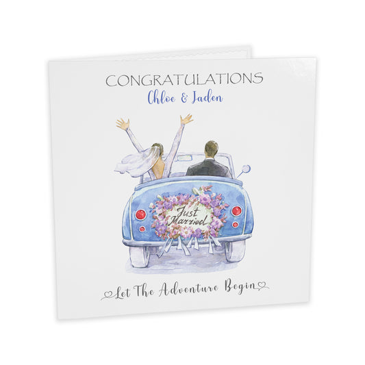 Personalised Wedding Card (Just Married, Car) - Blue
