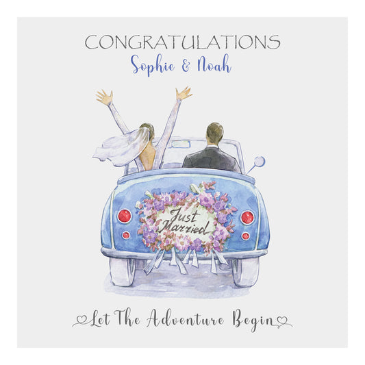 Personalised Wedding Card (Just Married, Car) - Blue