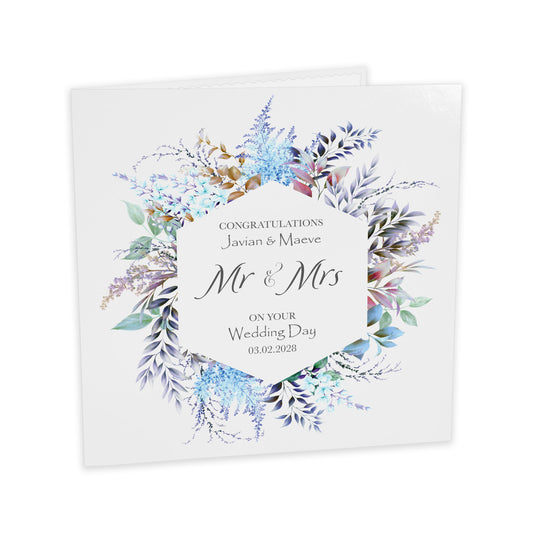 Personalised Wedding Card (Mr & Mrs Wreath) - Blue