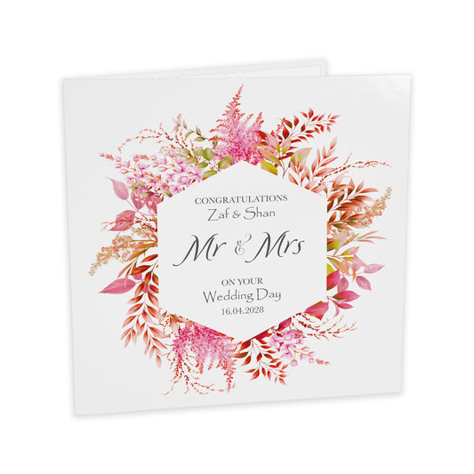 Personalised Wedding Card (Mr & Mrs Wreath) - Bright Pink