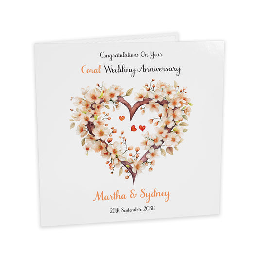 Personalised Anniversary Card (Blossom Heart) - Coral