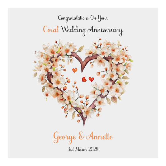 Personalised Anniversary Card (Blossom Heart) - Coral