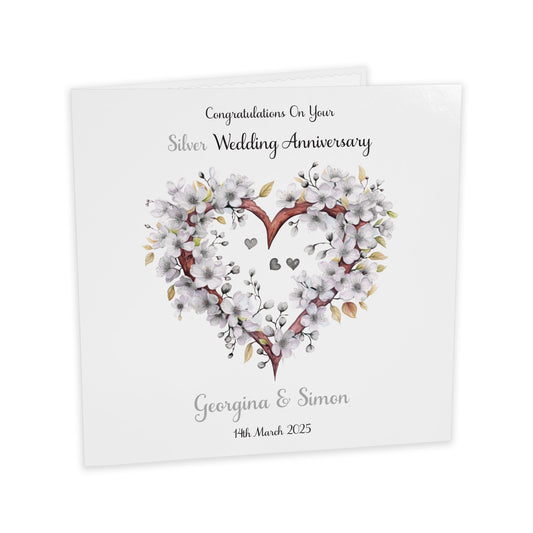 Personalised Anniversary Card (Blossom Heart) - Silver