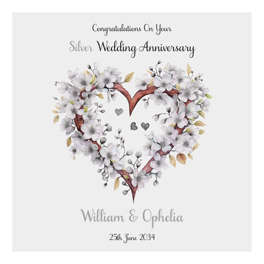 Personalised Anniversary Card (Blossom Heart) - Silver