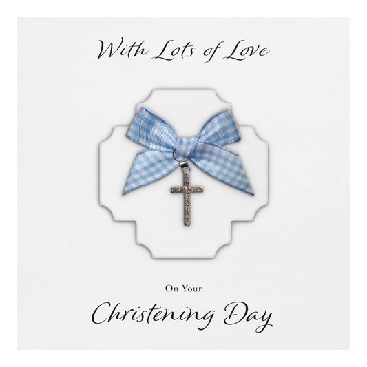 Christening Card (Diamante Cross Charm & Bow) - White Cross & Blue Gingham Bow