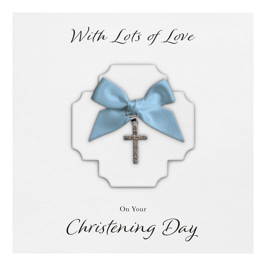 Christening Card (Diamante Cross Charm & Bow) - White Cross & Blue Bow