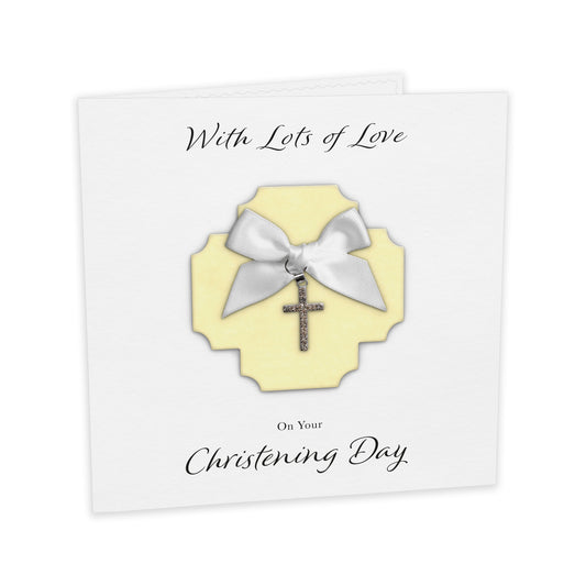 Christening Card (Diamante Cross Charm & Bow) - Yellow Cross & White Bow