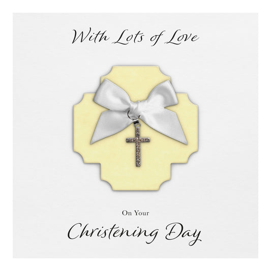 Christening Card (Diamante Cross Charm & Bow) - Yellow Cross & White Bow
