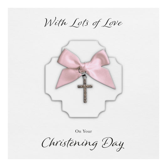 Christening Card (Diamante Cross Charm & Bow) - White Cross & Pink Bow