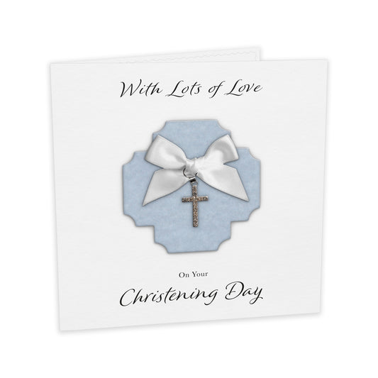 Christening Card (Diamante Cross Charm & Bow) - Blue Cross & White Bow