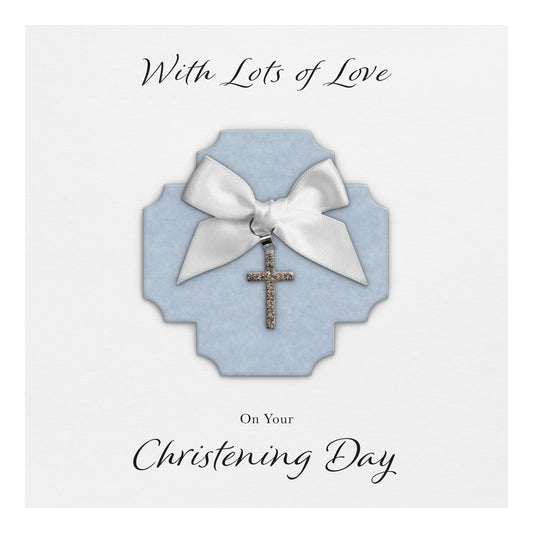 Christening Card (Diamante Cross Charm & Bow) - Blue Cross & White Bow