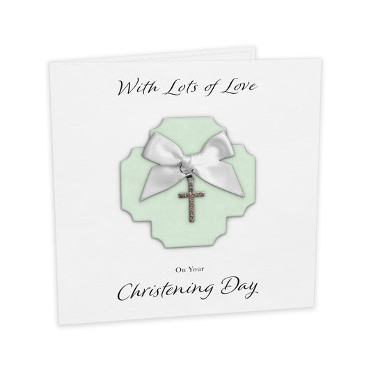Christening Card (Diamante Cross Charm & Bow) - Green Cross & White Bow