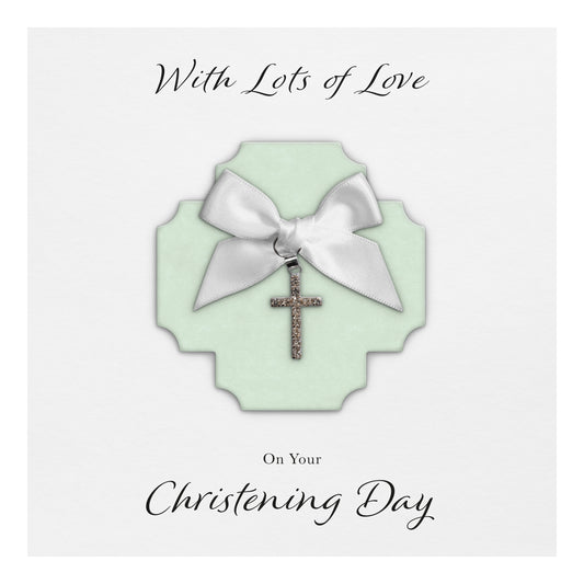 Christening Card (Diamante Cross Charm & Bow) - Green Cross & White Bow