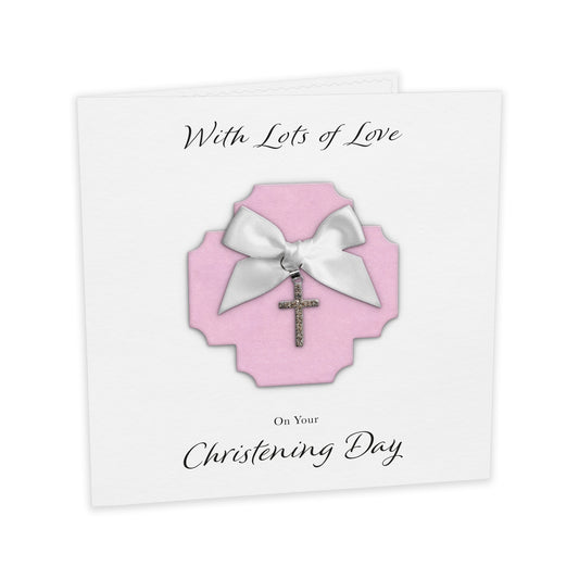 Christening Card (Diamante Cross Charm & Bow) - Pink Cross & White Bow