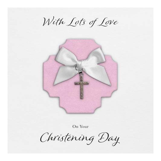 Christening Card (Diamante Cross Charm & Bow) - Pink Cross & White Bow