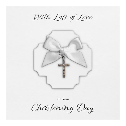 Christening Card (Diamante Cross Charm & Bow) - White Cross & White Bow