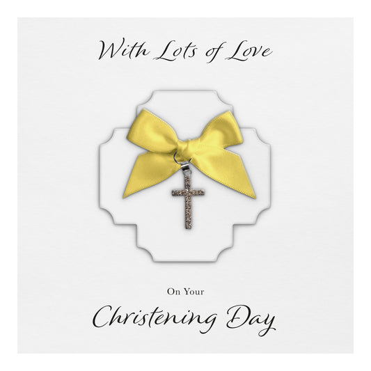 Christening Card (Diamante Cross Charm & Bow) - White Cross & Yellow Bow