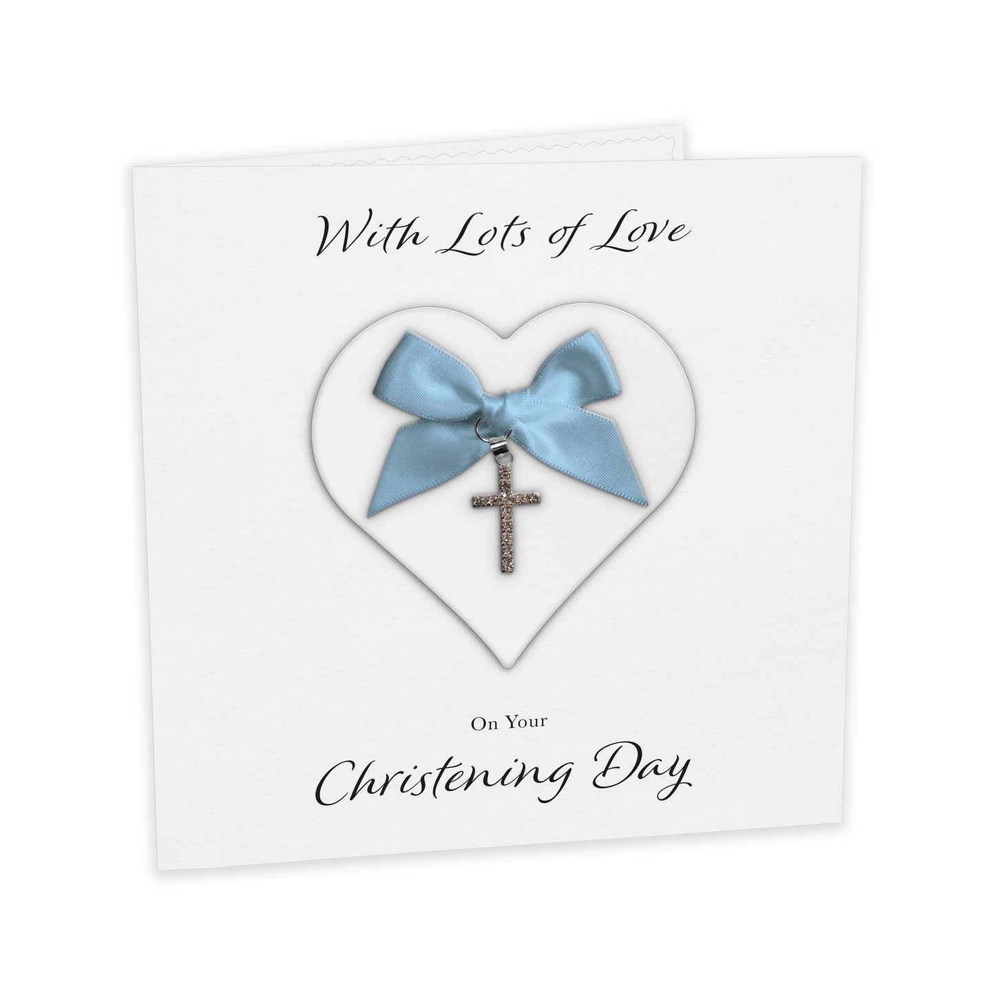 Christening Card (Diamante Cross Charm & Bow) - White Heart & Blue Bow
