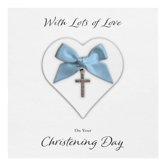 Christening Card (Diamante Cross Charm & Bow) - White Heart & Blue Bow