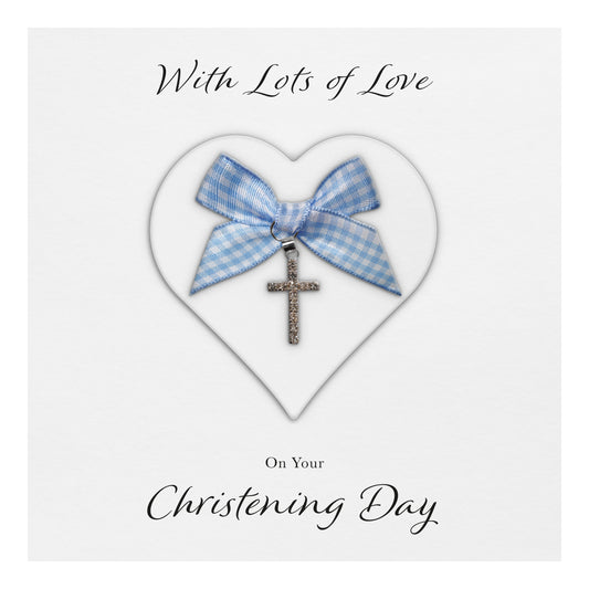 Christening Card (Diamante Cross Charm & Bow) - White Heart & Blue Gingham Bow