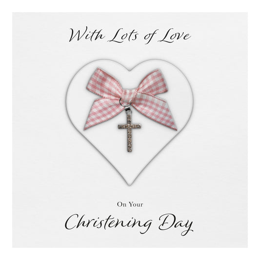Christening Card (Diamante Cross Charm & Bow) - White Heart & Pink Gingham Bow