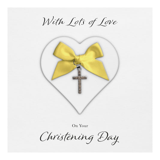 Christening Card (Diamante Cross Charm & Bow) - White Heart & Yellow Bow
