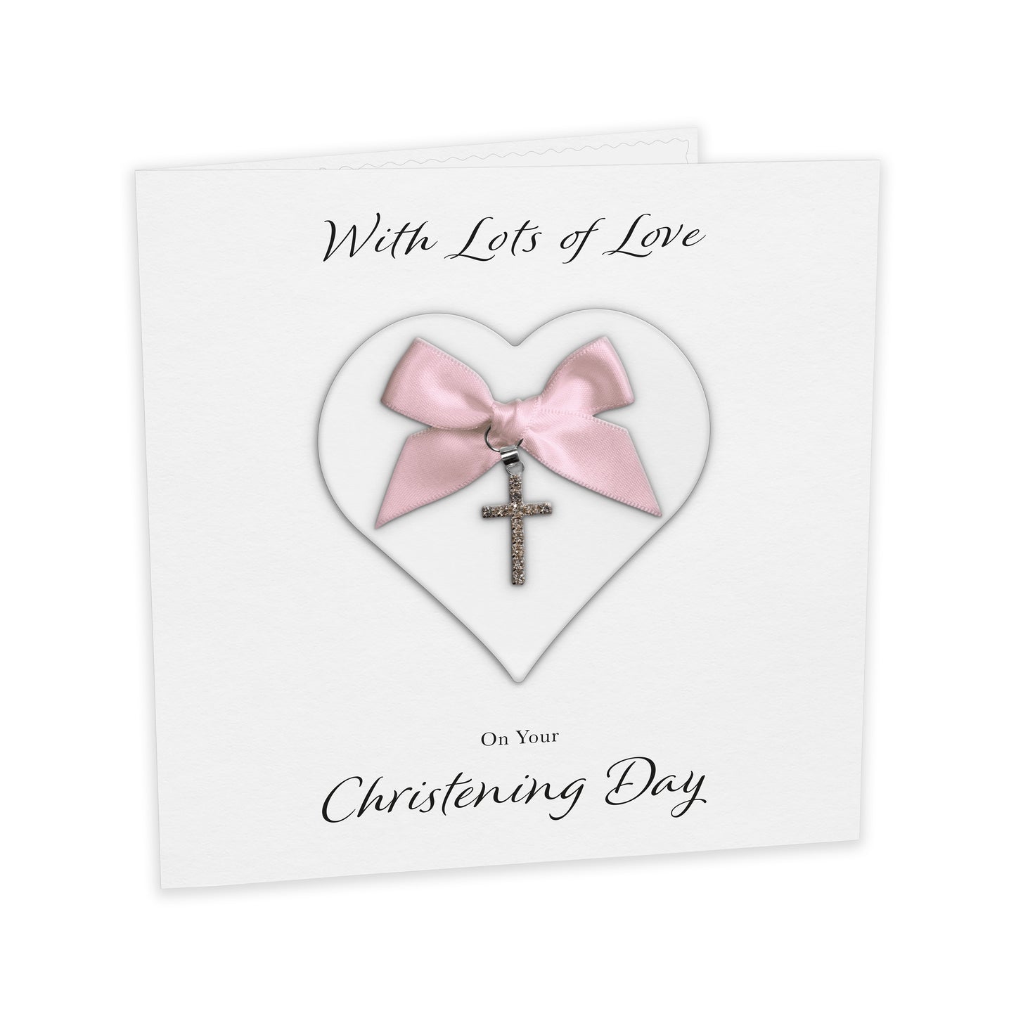 Christening Card (Diamante Cross Charm & Bow) - White Heart & Pink Bow