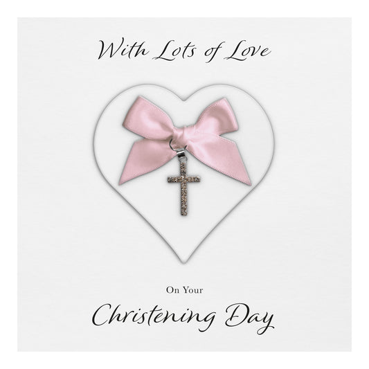 Christening Card (Diamante Cross Charm & Bow) - White Heart & Pink Bow