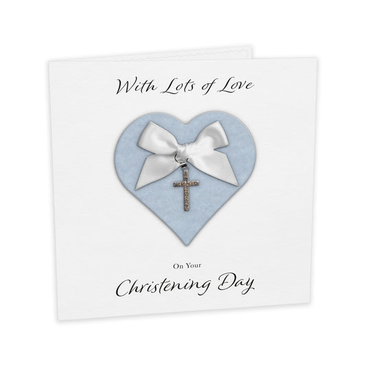 Christening Card (Diamante Cross Charm & Bow) - Blue Heart & White Bow