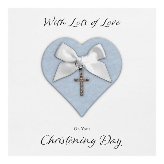 Christening Card (Diamante Cross Charm & Bow) - Blue Heart & White Bow