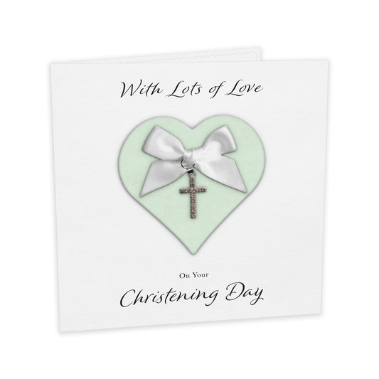 Christening Card (Diamante Cross Charm & Bow) - Green Heart & White Bow