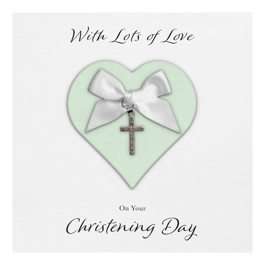 Christening Card (Diamante Cross Charm & Bow) - Green Heart & White Bow