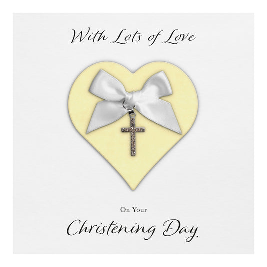 Christening Card (Diamante Cross Charm & Bow) - Yellow Heart & White Bow