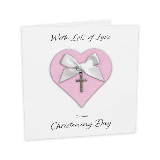 Christening Card (Diamante Cross Charm & Bow) - Pink Heart & White Bow