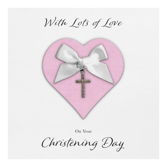 Christening Card (Diamante Cross Charm & Bow) - Pink Heart & White Bow