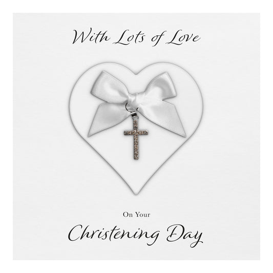 Christening Card (Diamante Cross Charm & Bow) - White Heart & White Bow