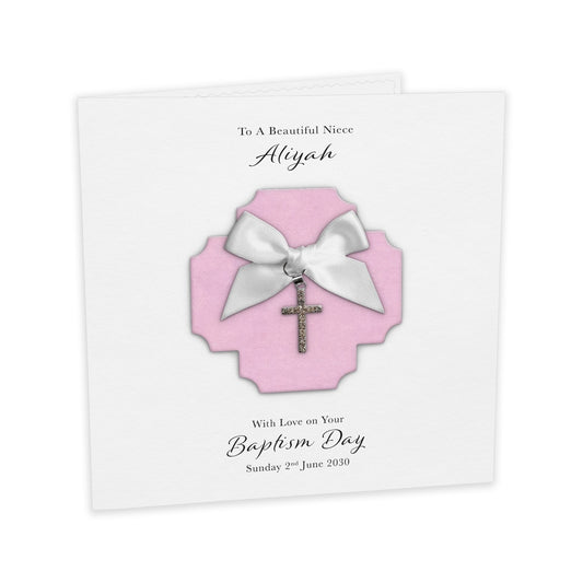 Personalised Christening Card (Pink, Cross Charm)