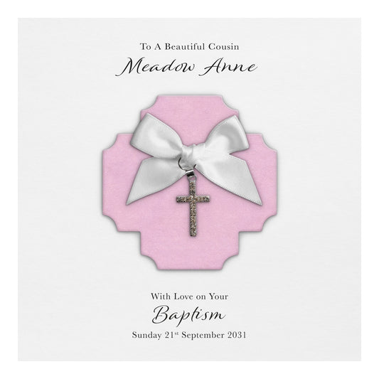 Personalised Christening Card (Pink, Cross Charm)