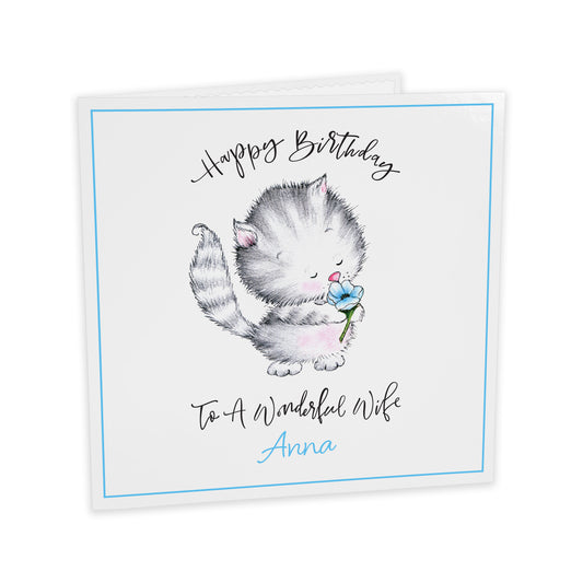 Personalised Birthday Card (Cute Cat With Flower) - Blue