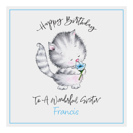 Personalised Birthday Card (Cute Cat With Flower) - Blue