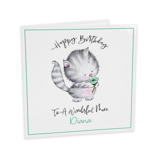 Personalised Birthday Card (Cute Cat With Flower) - Green