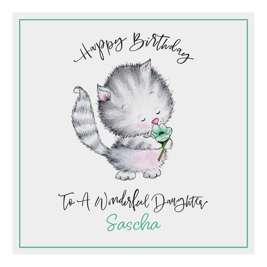 Personalised Birthday Card (Cute Cat With Flower) - Green