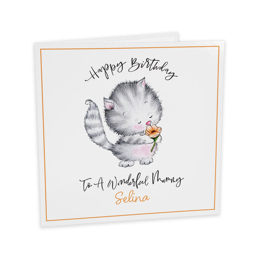 Personalised Birthday Card (Cute Cat With Flower) - Orange