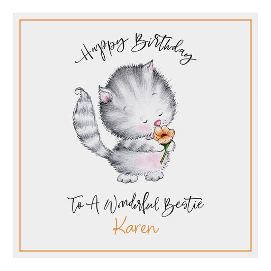 Personalised Birthday Card (Cute Cat With Flower) - Orange